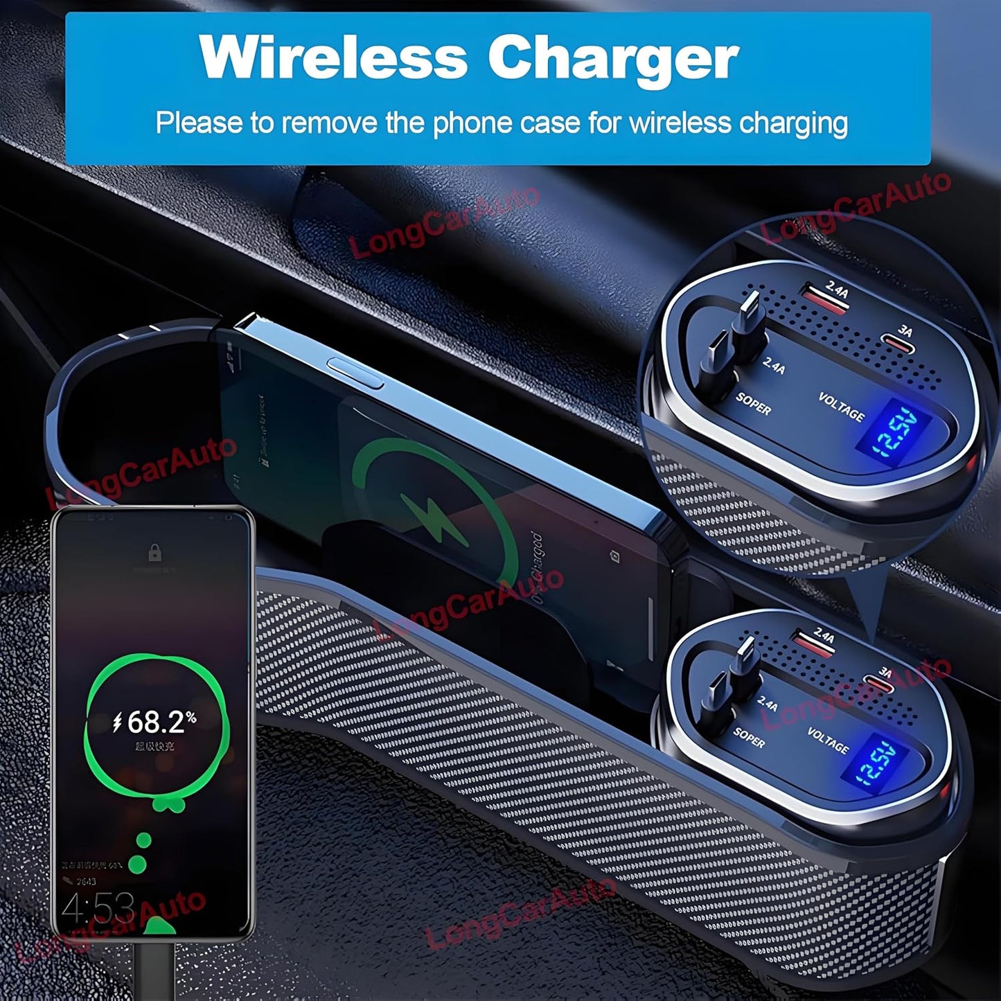 Car Seat Gap Filler Organizer with Wireless Charger & Cigarette Lighter | 2 Charging Cables, Retractable Charging Cords iOS Type-C USB Port Fast Charge Storage Box Cup Holder ( 5 in 1 )