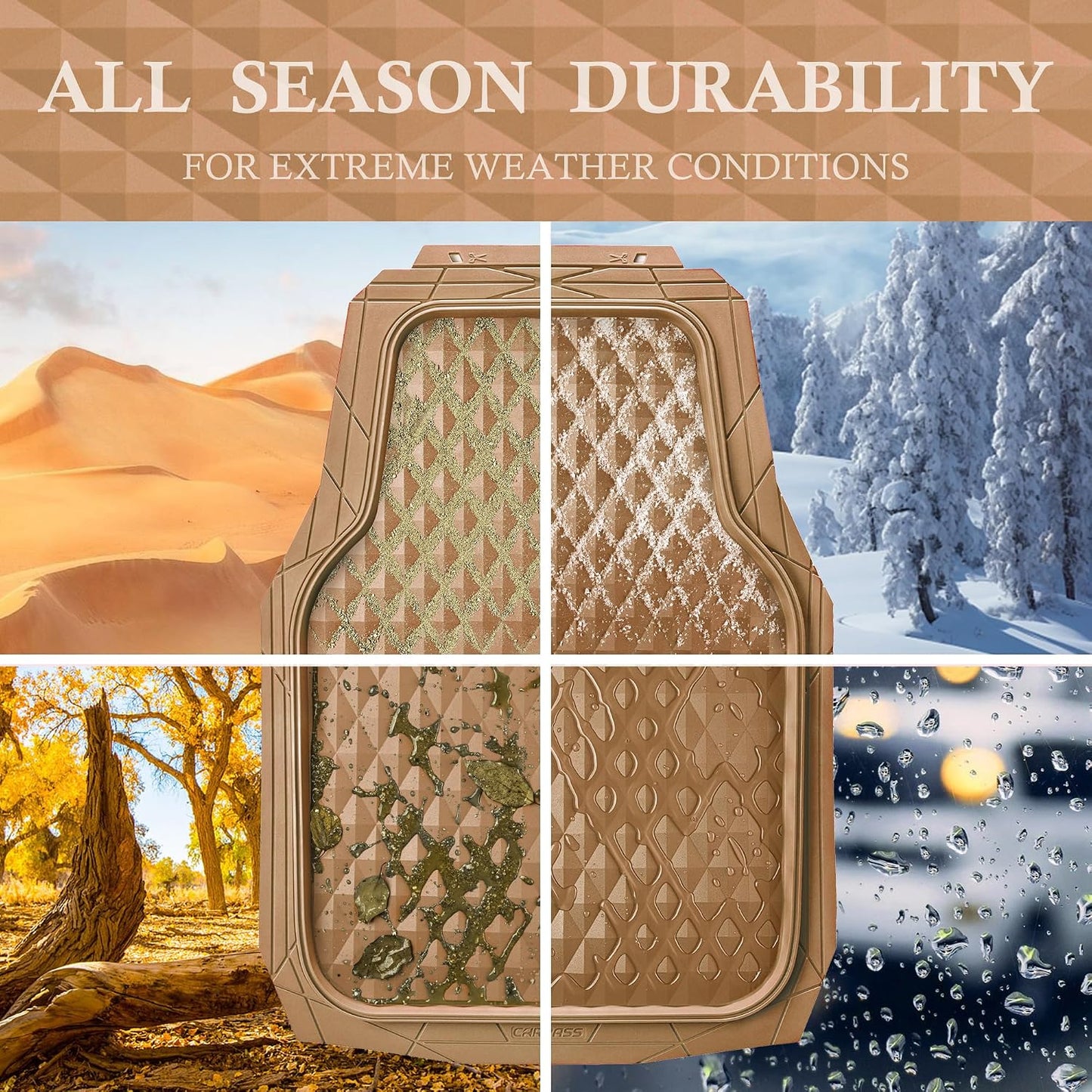 CAR PASS Heavy Duty Rubber Beige Car Floor Mats & Cargo Liners, Deep Dish All-Weather Trunk Mats Durable Anti-Slip 3D Rhombus Waterproof Trim to Fit Liner Universal Fit Auto,Sedan,SUV,Truck, Beige