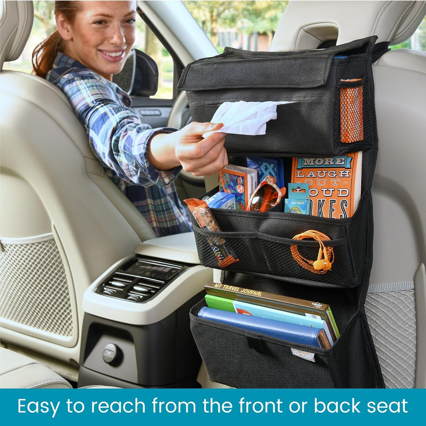 High Road Storage Organizer with Car Tissue Box Holder and Multipurpose Pockets - Back of the Seat or Front Seat Organizer for Driving Essentials - Slim and Compact Car Storage for All Vehicles