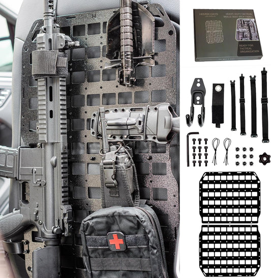 Metal MOLLE Seat Back Panel, 1 Seat Kit, 2mm Aluminum Vehicle Organizer for Most Standard Seat Backs, No-Drill Strap Mount, Compatible with Many MOLLE/PALS-Style Accessories