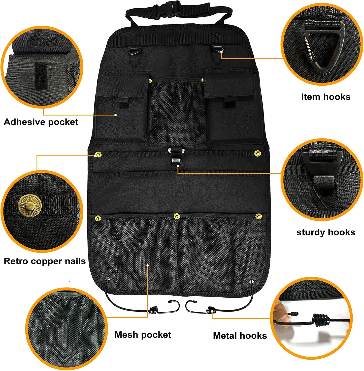 Car Seat Back Organizer with Multiple Storage Pockets, Black Mesh and Fabric, Universal Fit