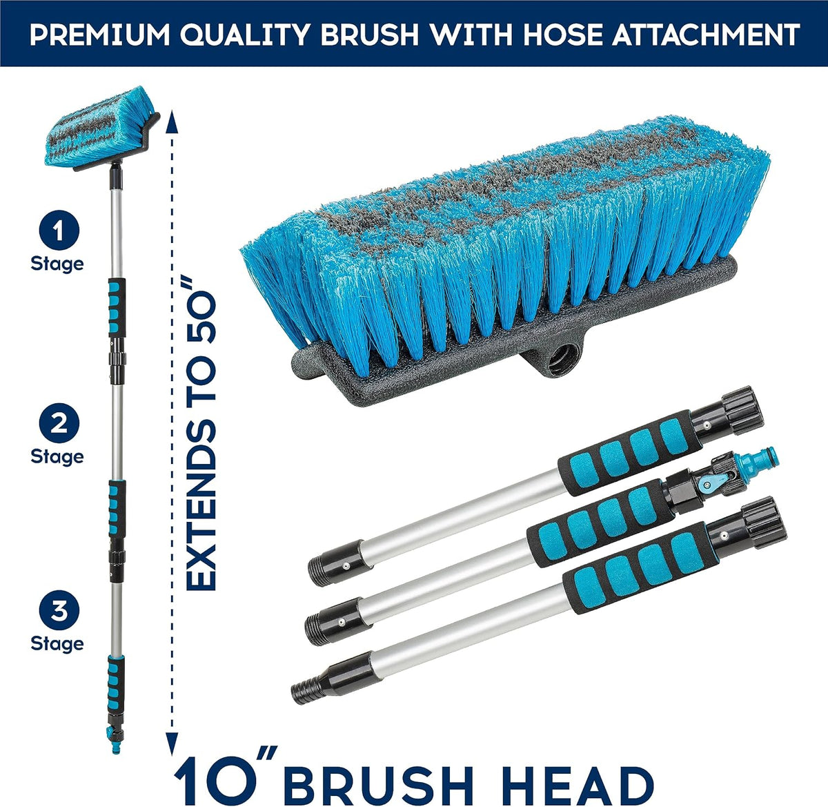 DSV Standard Car Wash Brush with 50'' Long Handle, Car Cleaning Brush with Hose Attachment, Car Brushes for Washing 10'' Soft Bristles for Scratch-Free Cleaning Auto, Truck, Boat, Floor and More