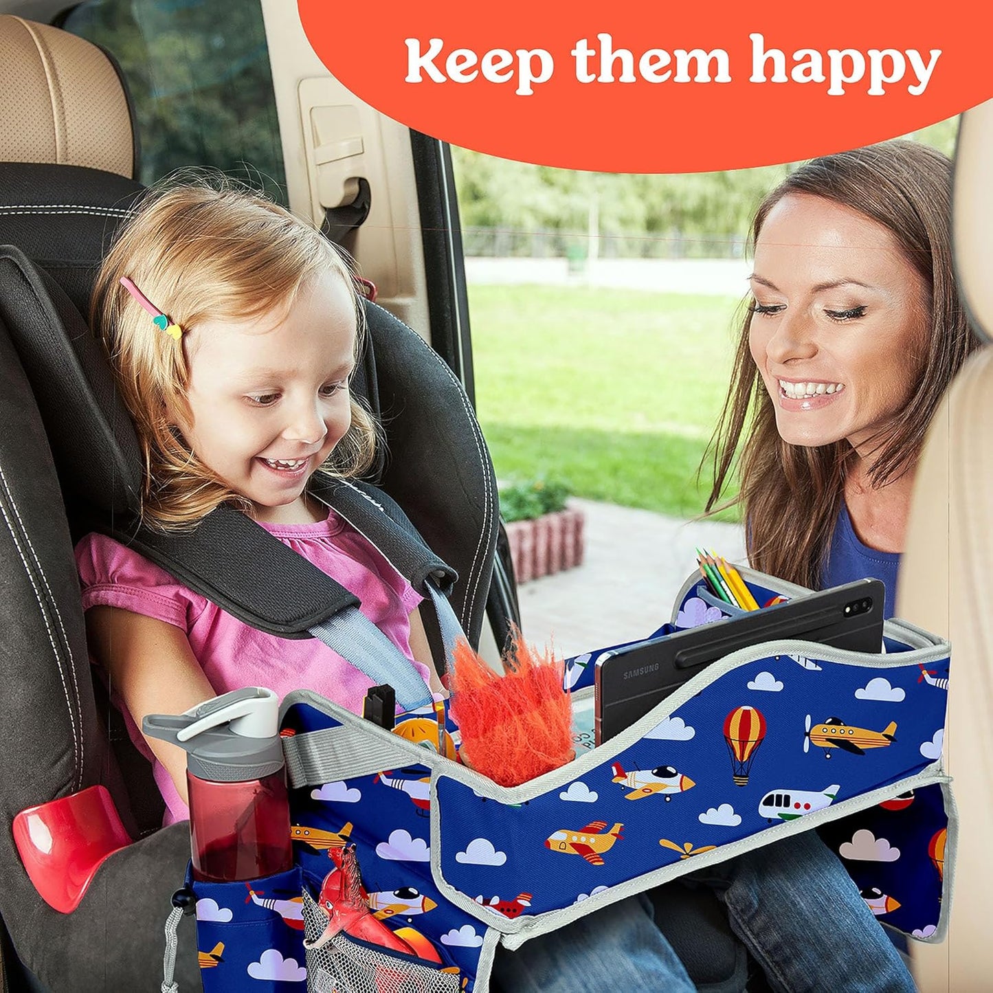PILLANI Kids Travel Tray for Car - Toddler Airplane Travel Essentials w/ Activity Sheets, Pens & Dry Erase Board - Kids Travel - Must Have Toddler Lap Desk Organizer for Airplane - Travel Accessories