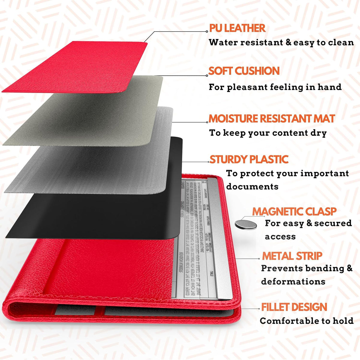 Insurance and Registration Holder, Red Premium PU Leather Glove Box Folder