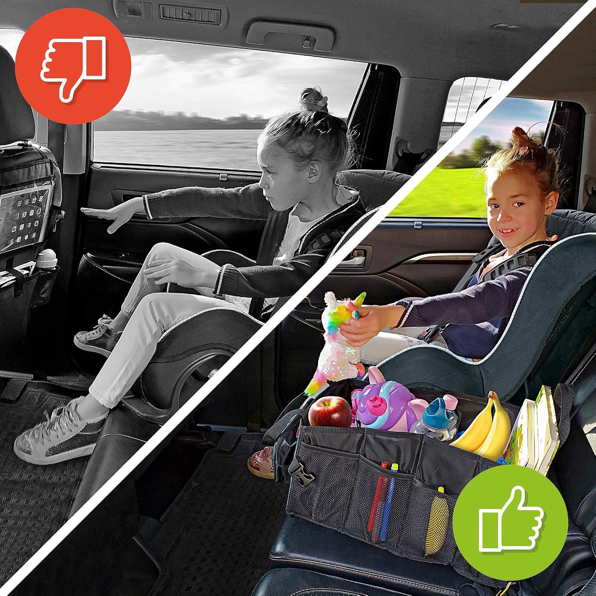 Easy-to-Reach Kids Car Organizer with Tissue Box and Cup Holder for Back Seat, Front Seat, Between Seats, Floor - Tote Car Storage Organization for Toddlers - Kids Road Trip Travel Essentials (Grey)