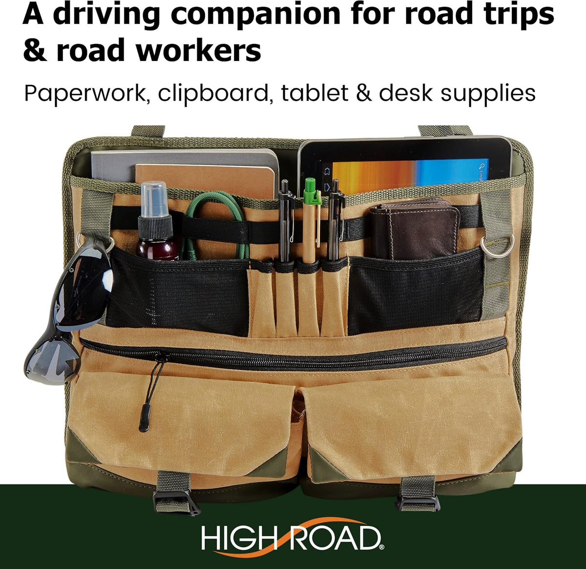 High Road Front Seat Organizer with Laptop Sleeve, Filing, Electronic and Work Supply Compartments, 12 pocket Car Office Passenger Seat Organizer