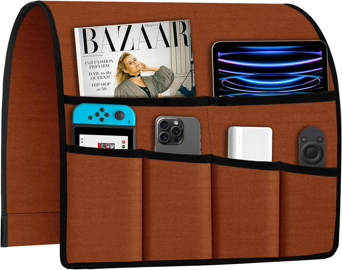 Joywell Linen Armchair Caddy Remote Control Holder for TV Recliner 6 Pocket Storage Organizer Sofa Armrest Caddie Magazine Phone iPad Storage Recliner Remote Holder for Snakes, Terracotta