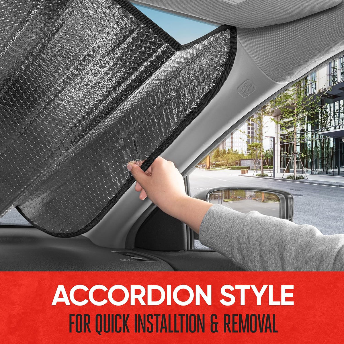 Motor Trend Black Accordion Folding Car Windshield Sun Shade - Blackout Sun Visor for Car Windshield - Foldable Jumbo Sunshade and Front Window Truck Sun Screen for UV Sun Protection - 66 x 27