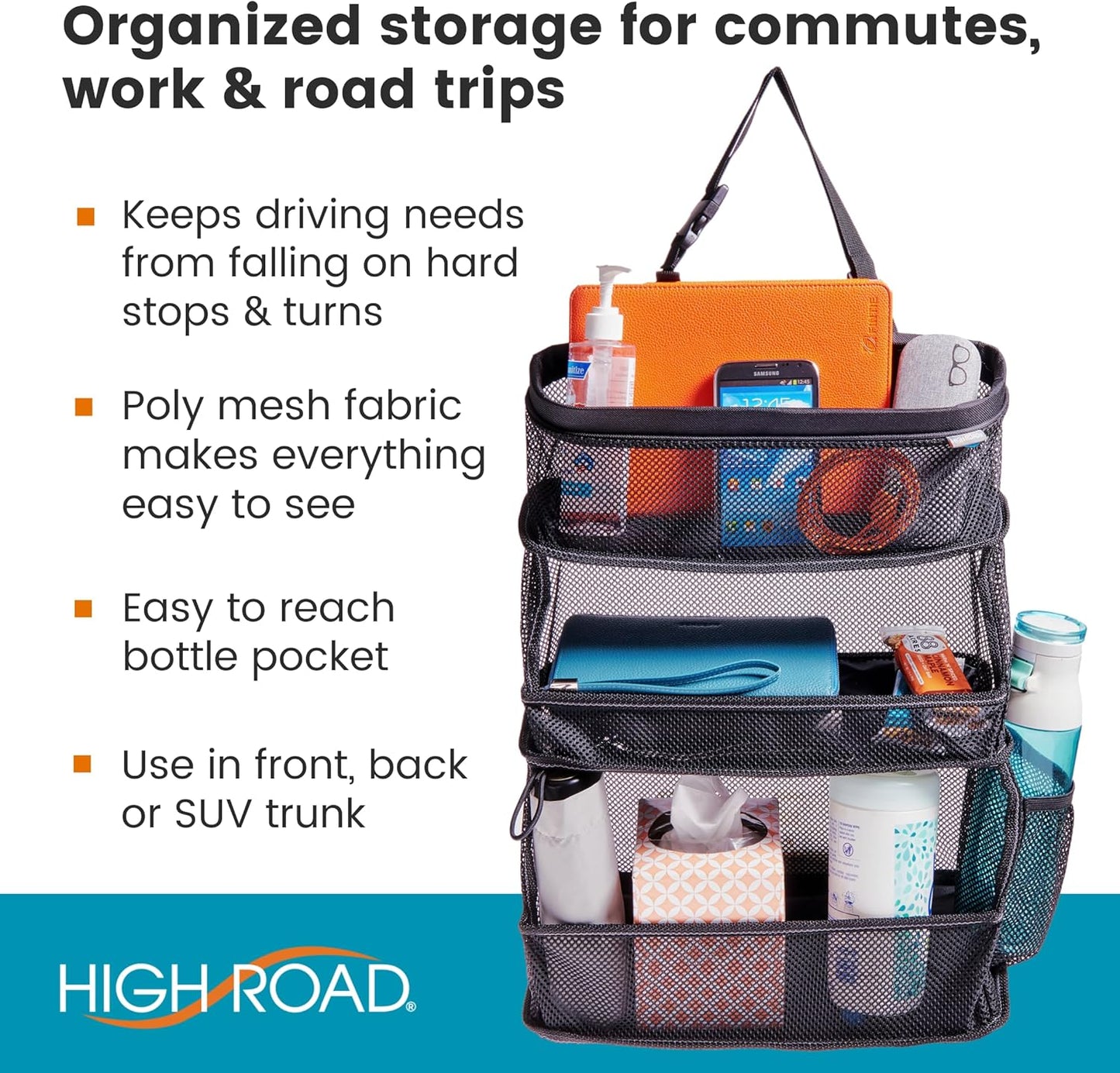 High Road Multipurpose Car Storage Organizer with Mesh Bins - SUV Trunk Organizer, Passenger Seat Organizer or Back Seat Storage Caddy