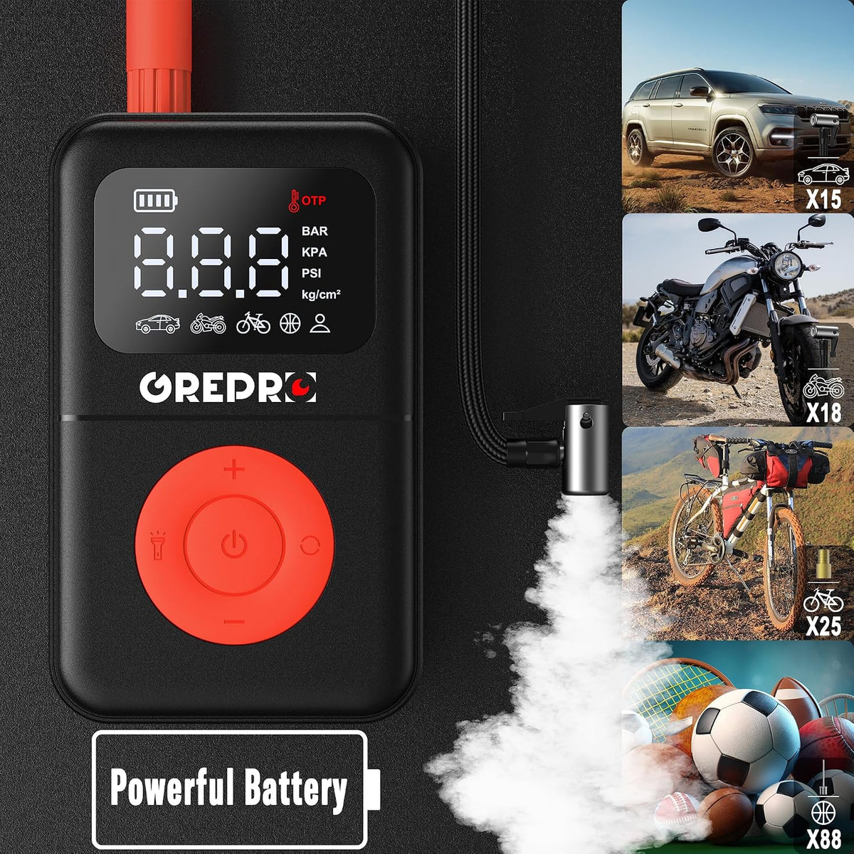 GREPRO Tire Inflator Portable Air Compressor, 160 PSI Portable Air Pump with Digital Pressure Gauge, LED Light, and Multiple Adapters for Car, Motorcycle, Bicycle, and Other Inflatables