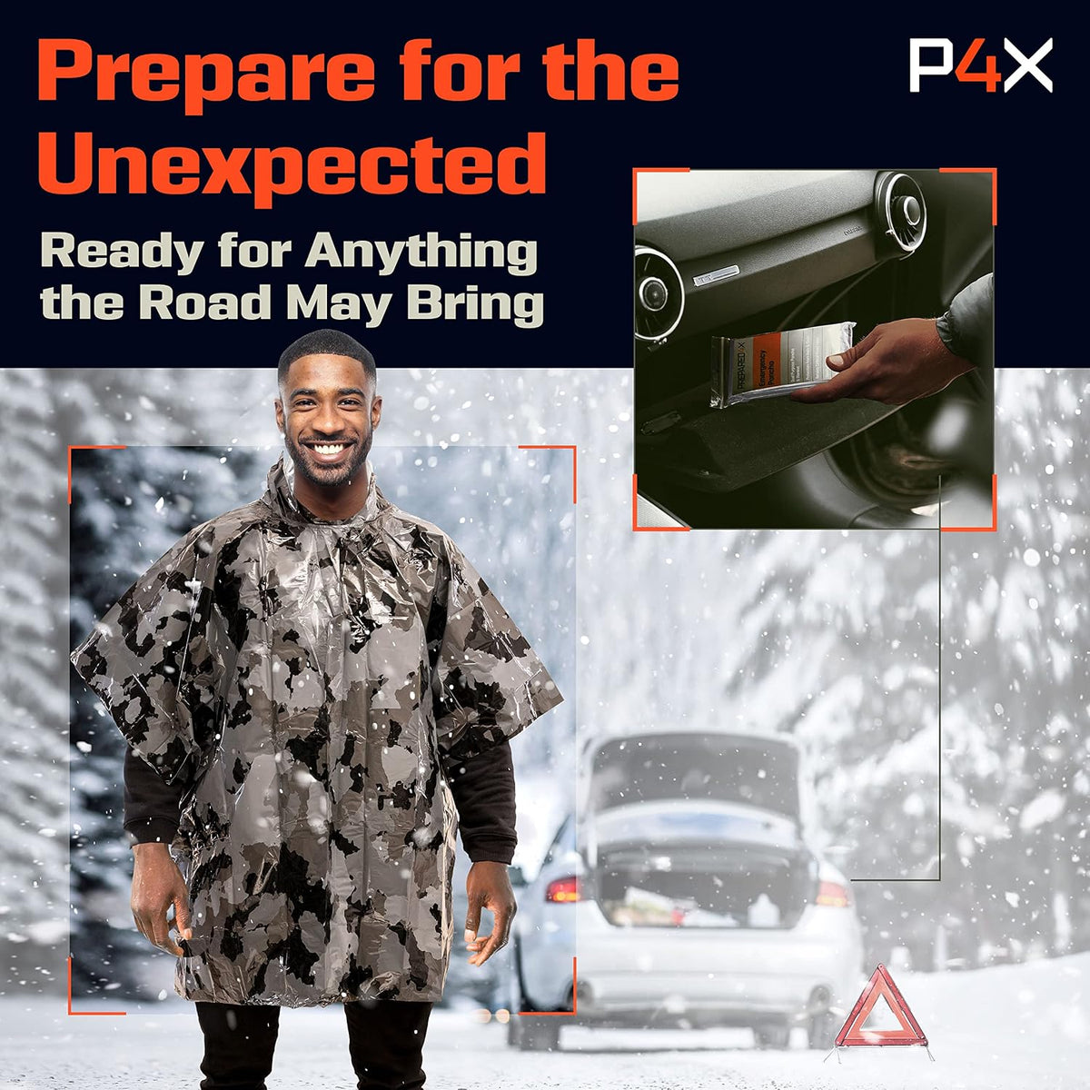 PREPARED4X Emergency Mylar Poncho – Survival Rain Poncho with Hood – Lightweight, Compact, Reusable Emergency Blanket Poncho for Hiking, Camping, Thermal Gear, Car Kit, Outdoors
