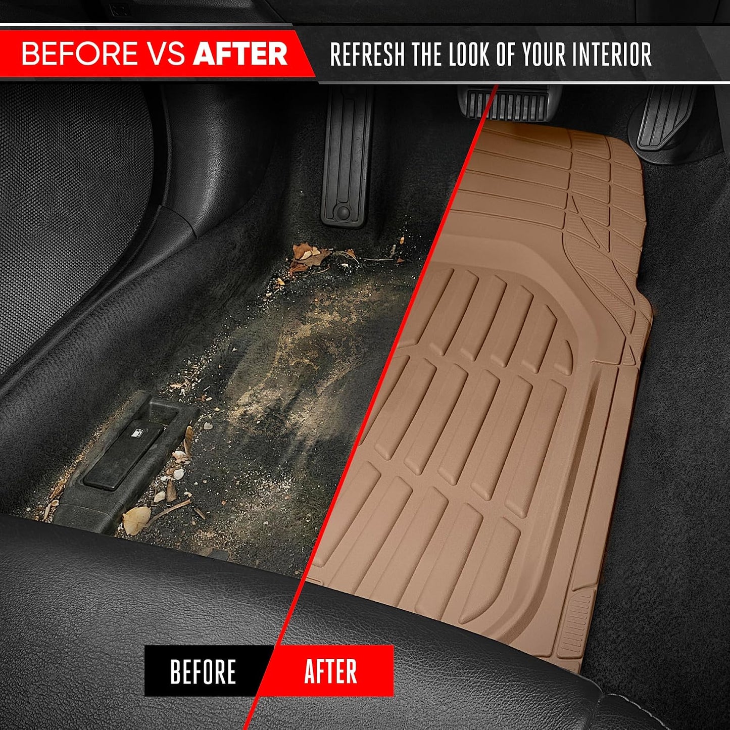 Motor Trend FlexTough LITE Rubber Car Mats Full Set - All Weather Floor Mats for Trucks, Cars & SUVs - Automotive Waterproof Beige Car Floor Mats for Cars Interior Accessories Universal Trim-to-Fit