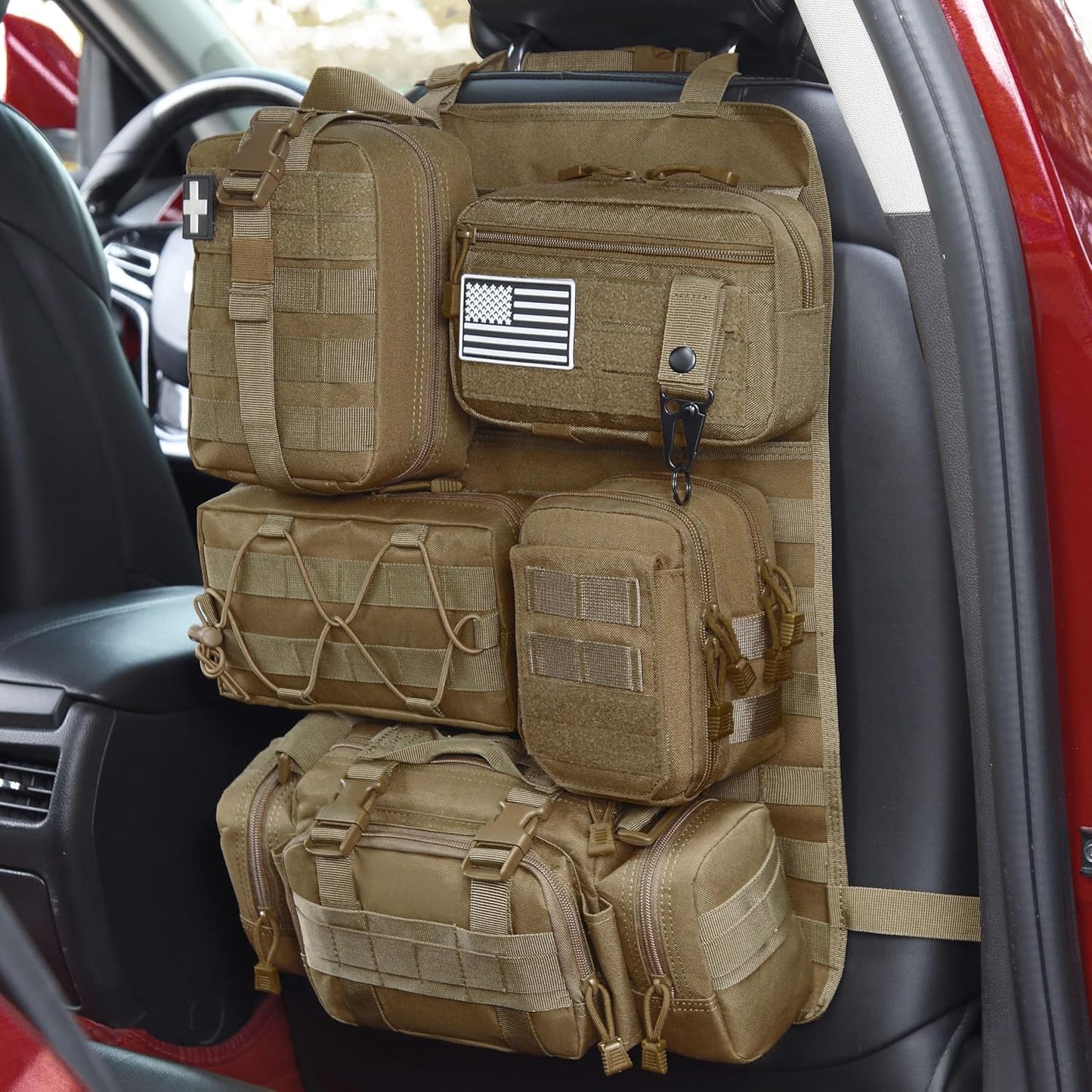 Tactical Car Seat Back Organizer, 2025 Upgrade Tactical Vehicle Panel Organizer with 5 Detachable Molle Pouch for Car Truck Ford Jeep Vehicle (Dark CM)