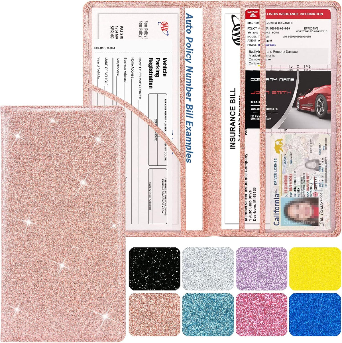 Leather Car Registration Insurance Holder Magnetic Shut, Glitter Rose Gold