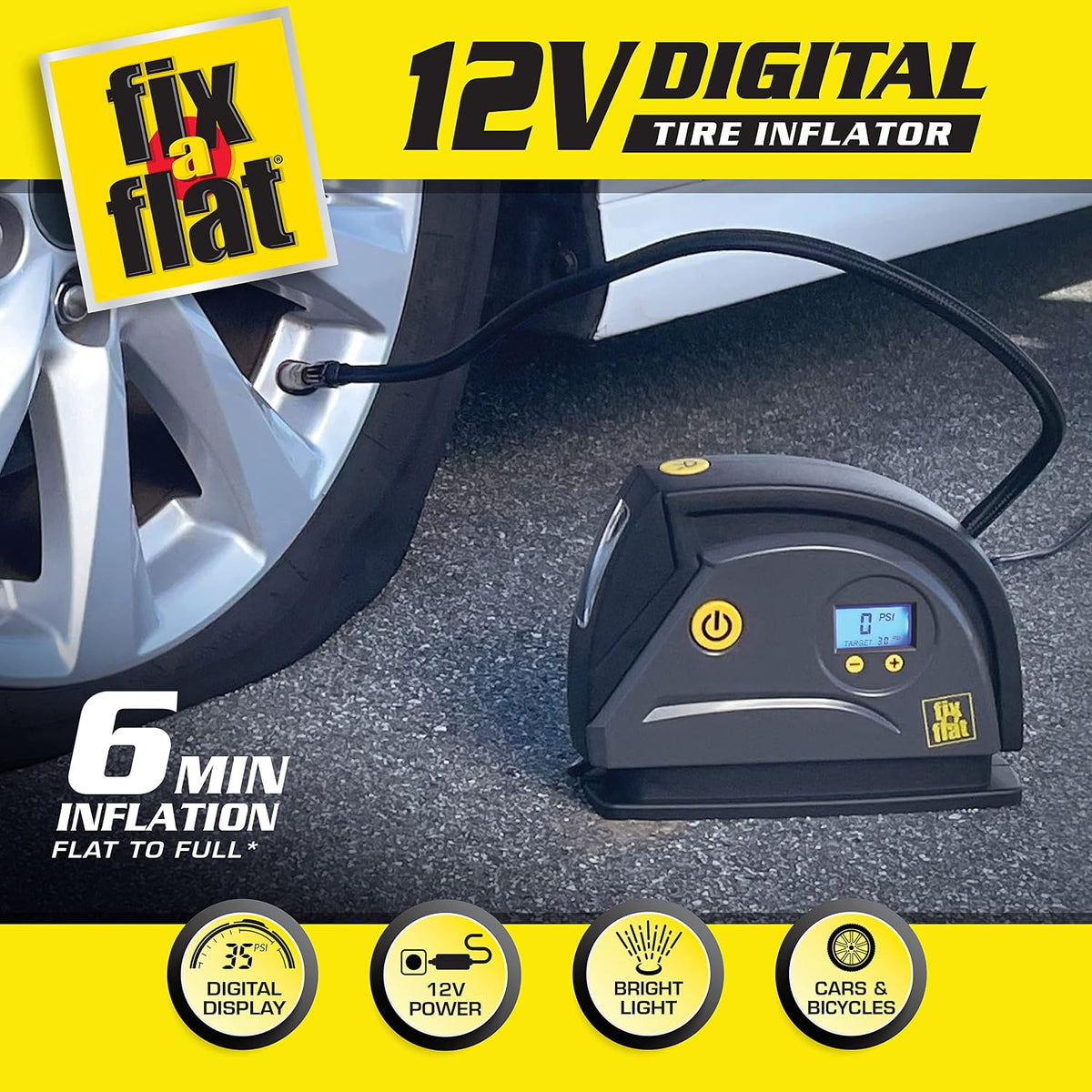 Fix-a-Flat S40074 Tire Inflator, Portable Car Air Compressor, Inflate Right automatic shut off, with Digital 99 psi Display, Long Hose and LED Light, 12V, 6 min inflation