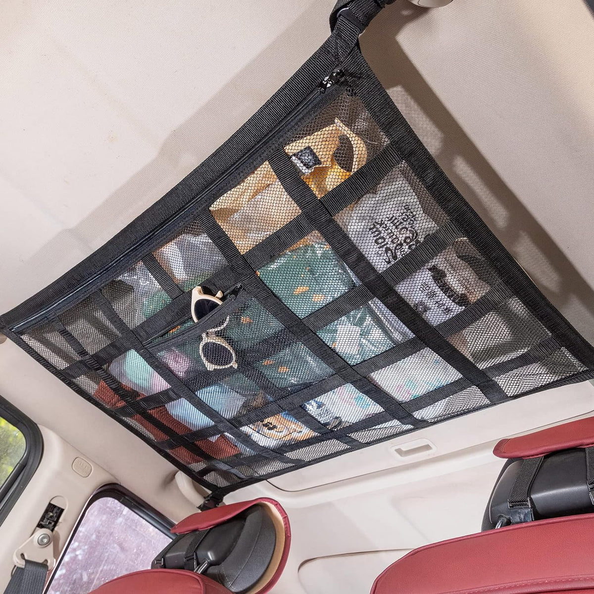 Car Ceiling Cargo Net, 35.4" x 23.6" Double Layer Overhead Storage Organizer for 4 Grab Handle Vehicles,Fits Most SUVs, Vans & Trucks,Mesh Roof Pocket for Camping & Road Trips