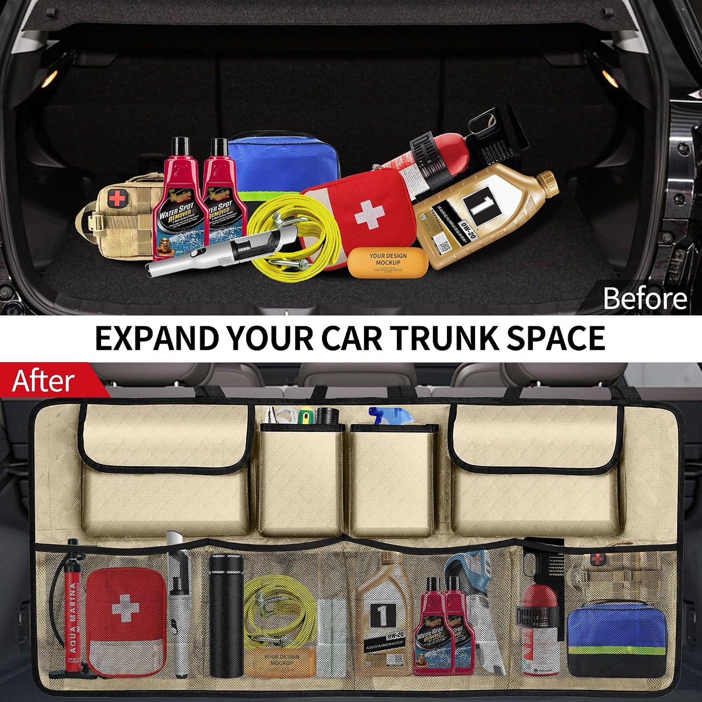 Car Trunk Organizer and Storage, Large Capacity Backseat Hanging Storage Accessories, Backseat Car Organizer for SUV/MPV/Truck (Champagne)