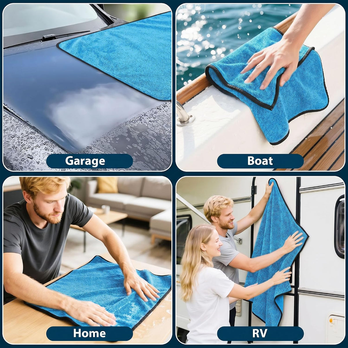 Car Drying Towels - 4 Pack Blue Microfiber Detailing Cloths, 36 x 24 In