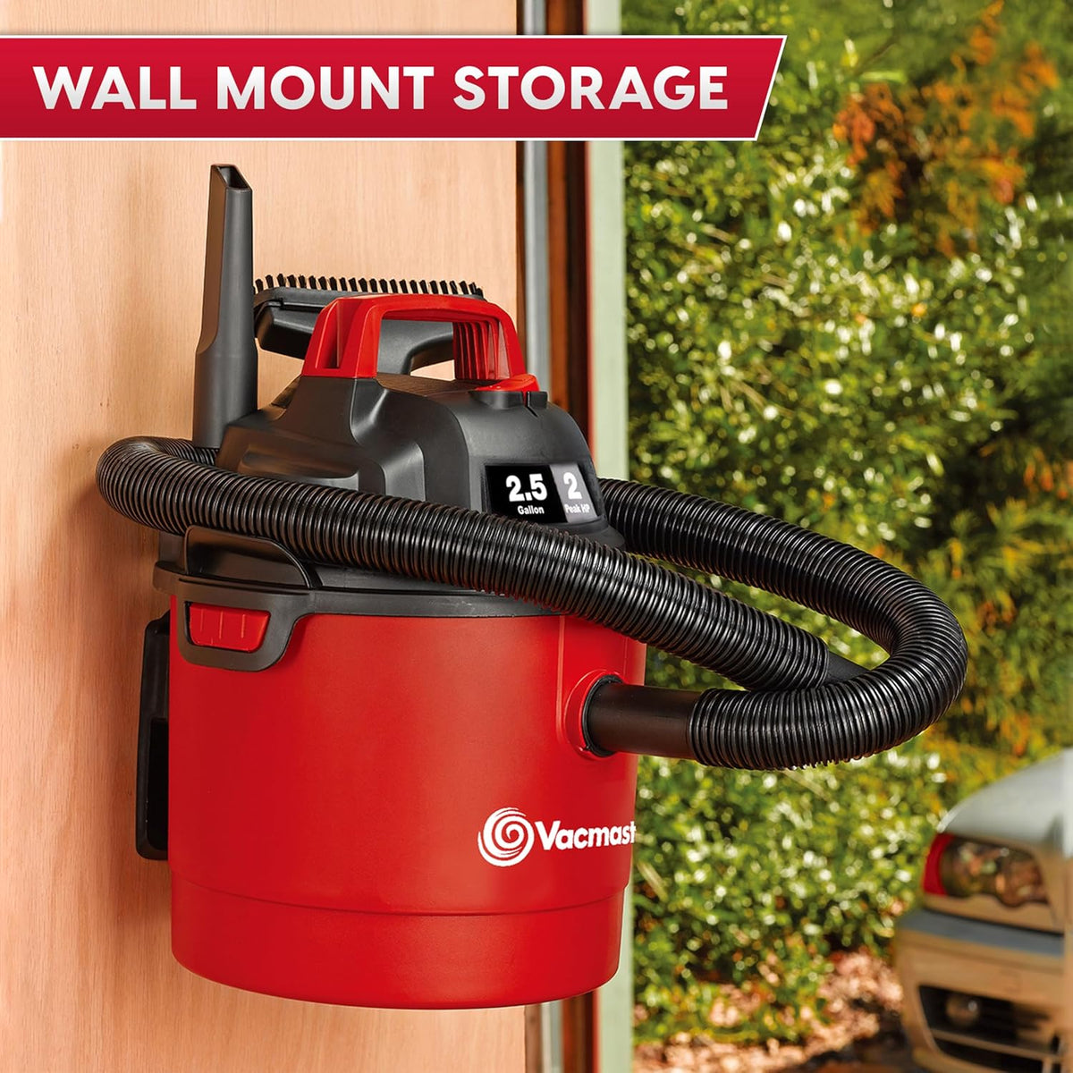Vacmaster VOM205P 1101 2.5-Gal 2 Peak HP Wall Mount Wet/Dry Vacuum Red