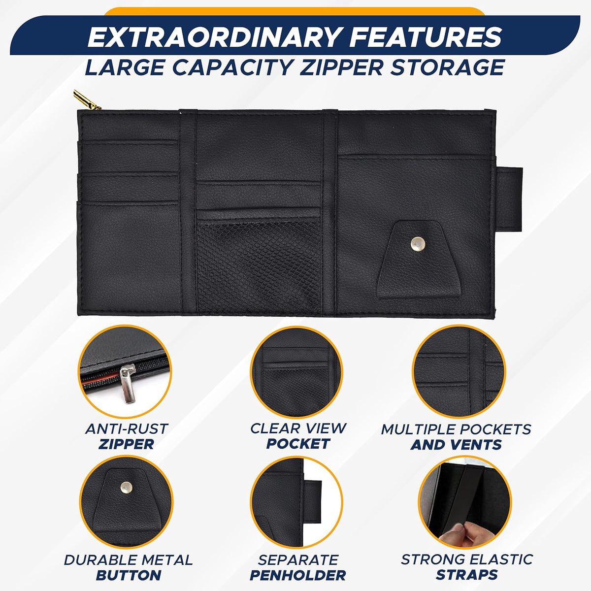 EcoNour Car Sun Visor Organizer (Black) | Multi-Pocket Net Zipper Case