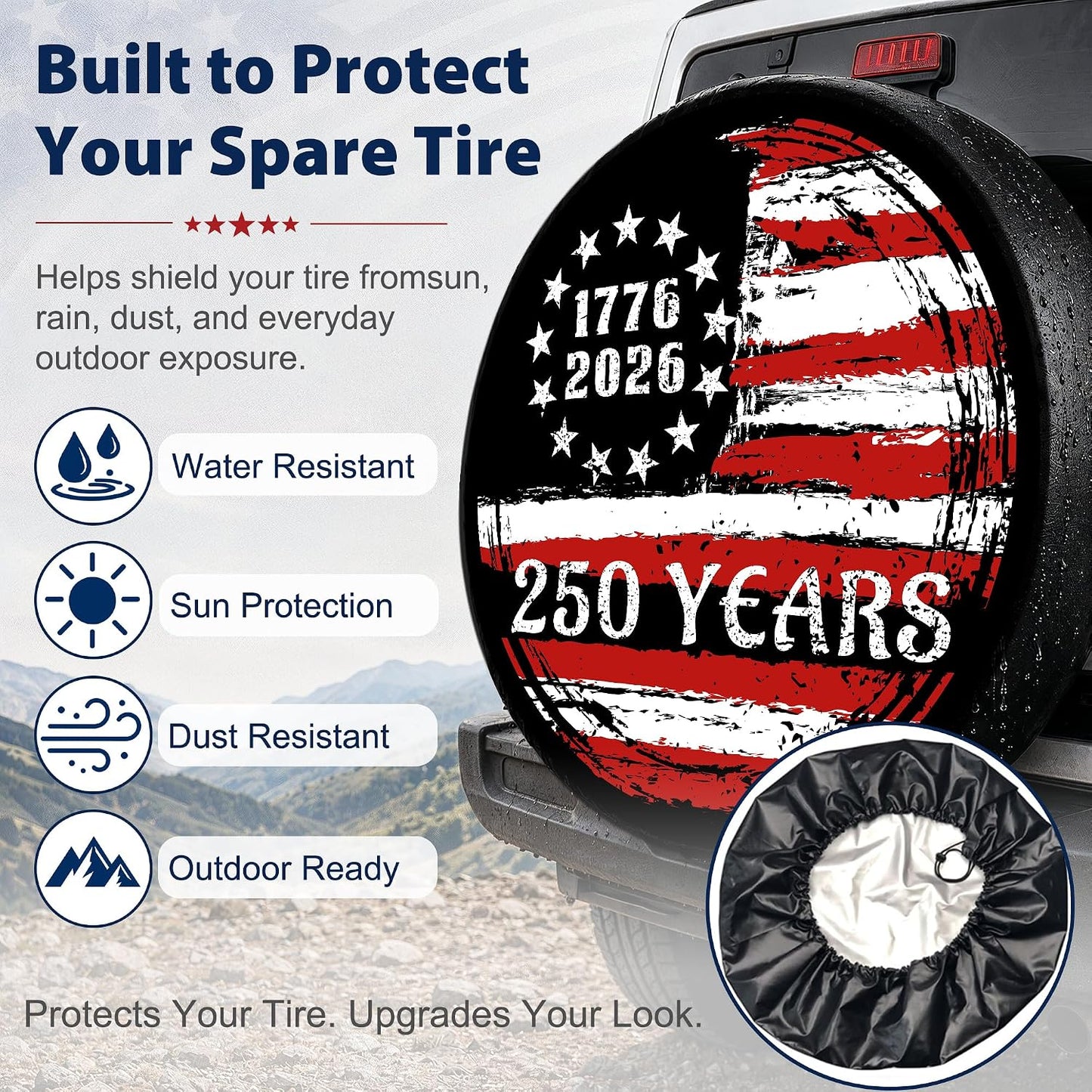 American Flag Spare Tire Cover 1776-2026 250 Years Vintage Patriotic Design, Weatherproof Dust-Proof Sun Protection Wheel Cover for Truck SUV RV Camper Trailer Outdoor Accessories