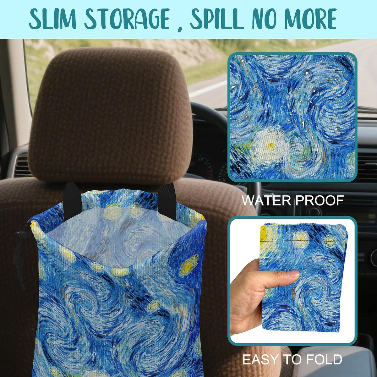 Car Garbage Bag Starry Night Hanging Canvas Car Trash Bag Waterproof Drawstring Car Back Seat Organizer for Car Back Front Seat Console with Adjustable Buckle