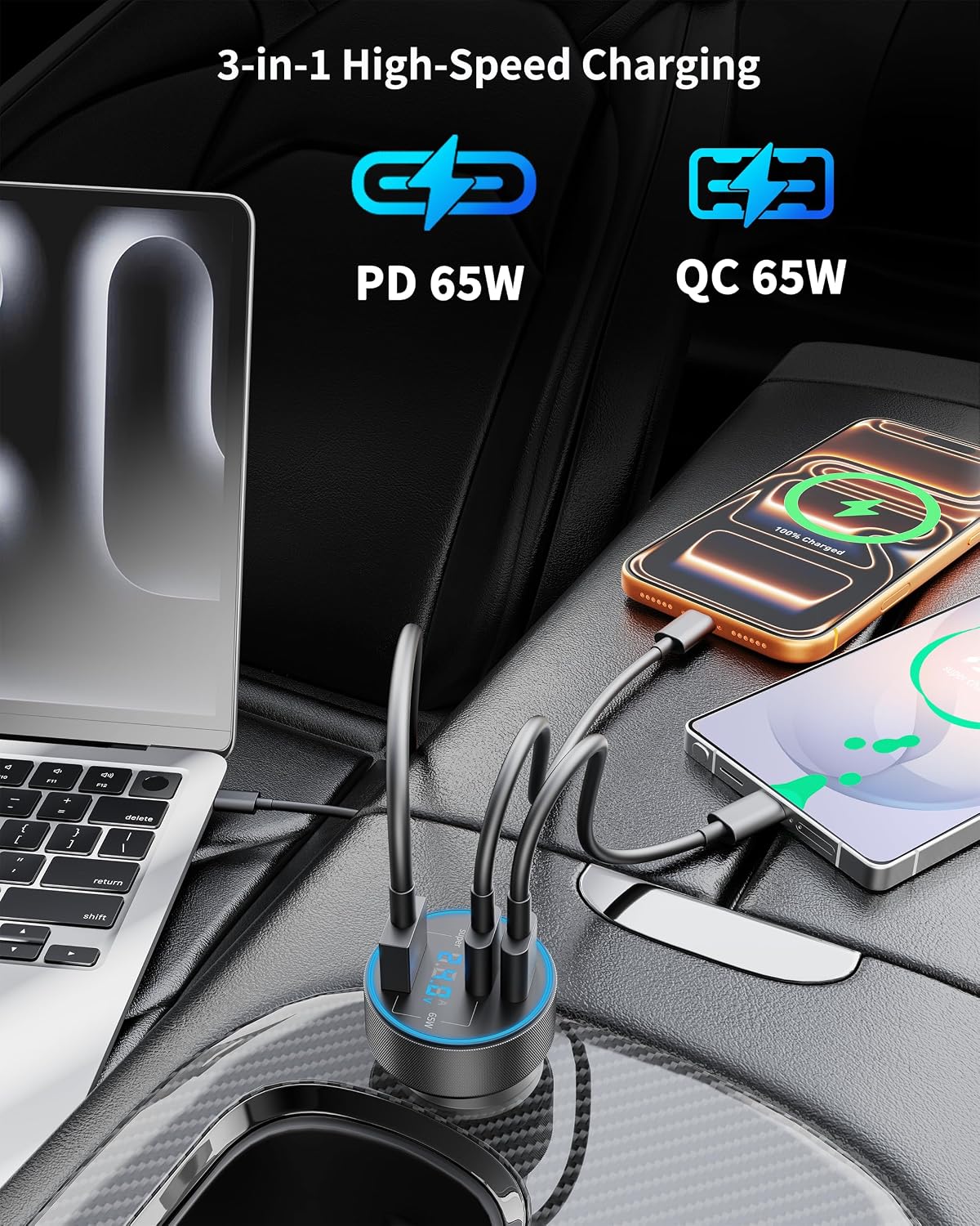 Car Charger USB C, 130W 3-Port Fast Cigarette Lighter USB Charger Adapter