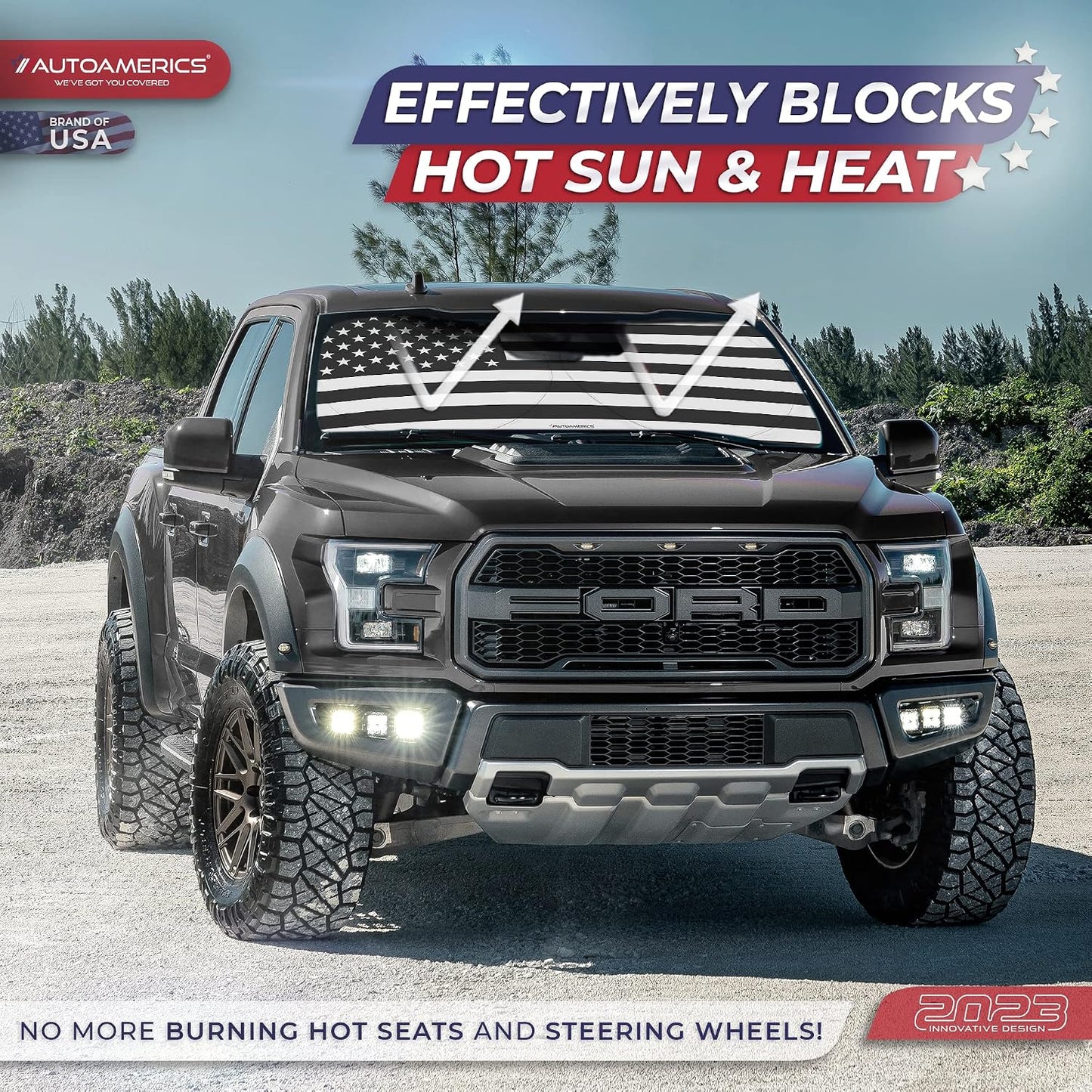 Autoamerics 1-Piece Windshield Sun Shade B&W American Flag USA Patriotic Design - Foldable Car Front Window Sunshade for Most Sedans SUV Truck - Blocks Max UV Rays and Keeps Your Vehicle Cool - Medium