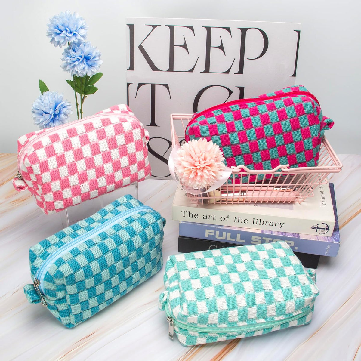 Checkered Makeup Bag for Purse, Small Travel Cosmetic Pouch,Pink,6 Pack