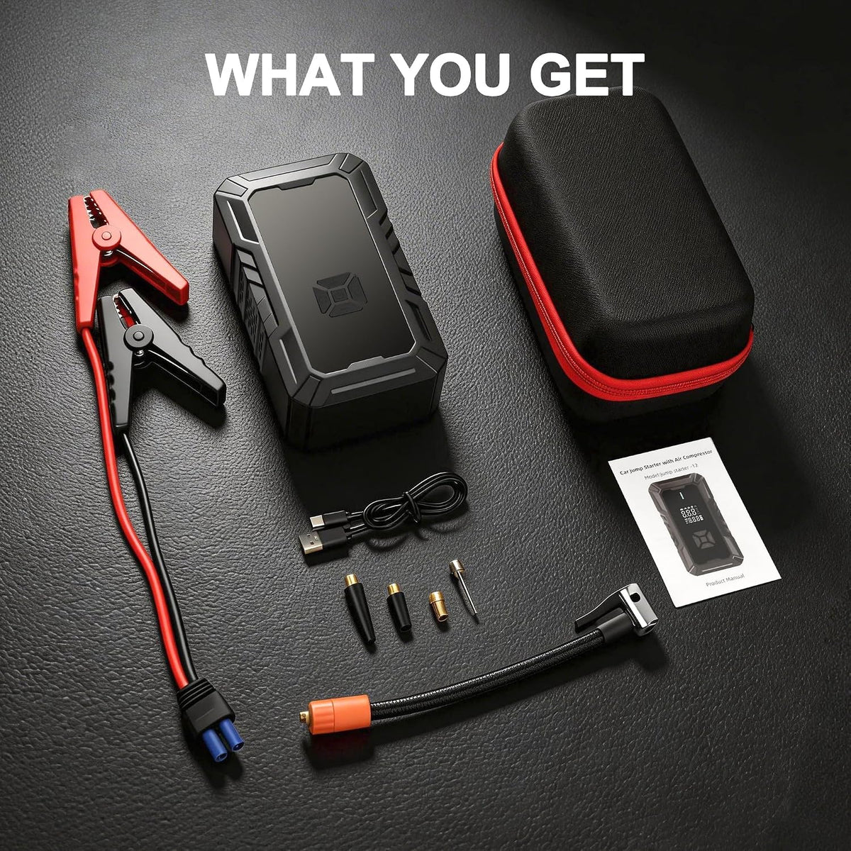 Car Battery Jump Starter with Air Compressor, Portable Jump Pack Fit for 1.5L-9L Gas & Diesel Vehicles (All 12V Batteries Car), Fast Tire Inflation Car Battery Booster Ideal for Men