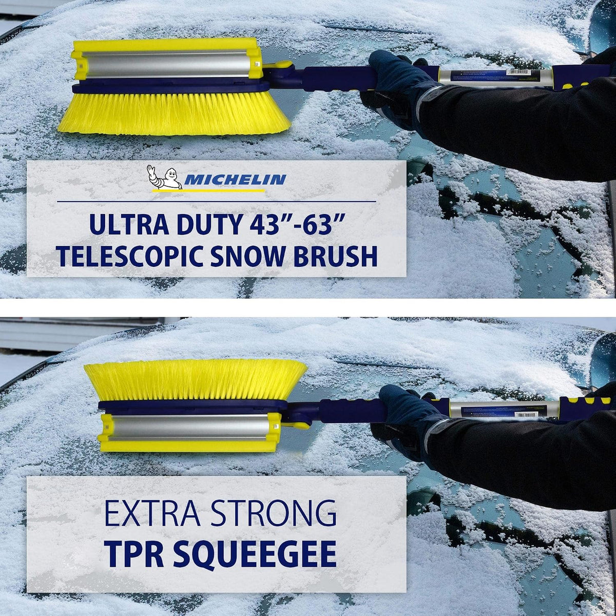 Michelin Snow Brush for Car Windshield - Snow and Ice Scraper with 43–63" Extendable Handle, 13" Swivel Head with Squeegee, 5" Heavy Duty Ice Scraper for SUV, Truck, Van, Auto Cleaning