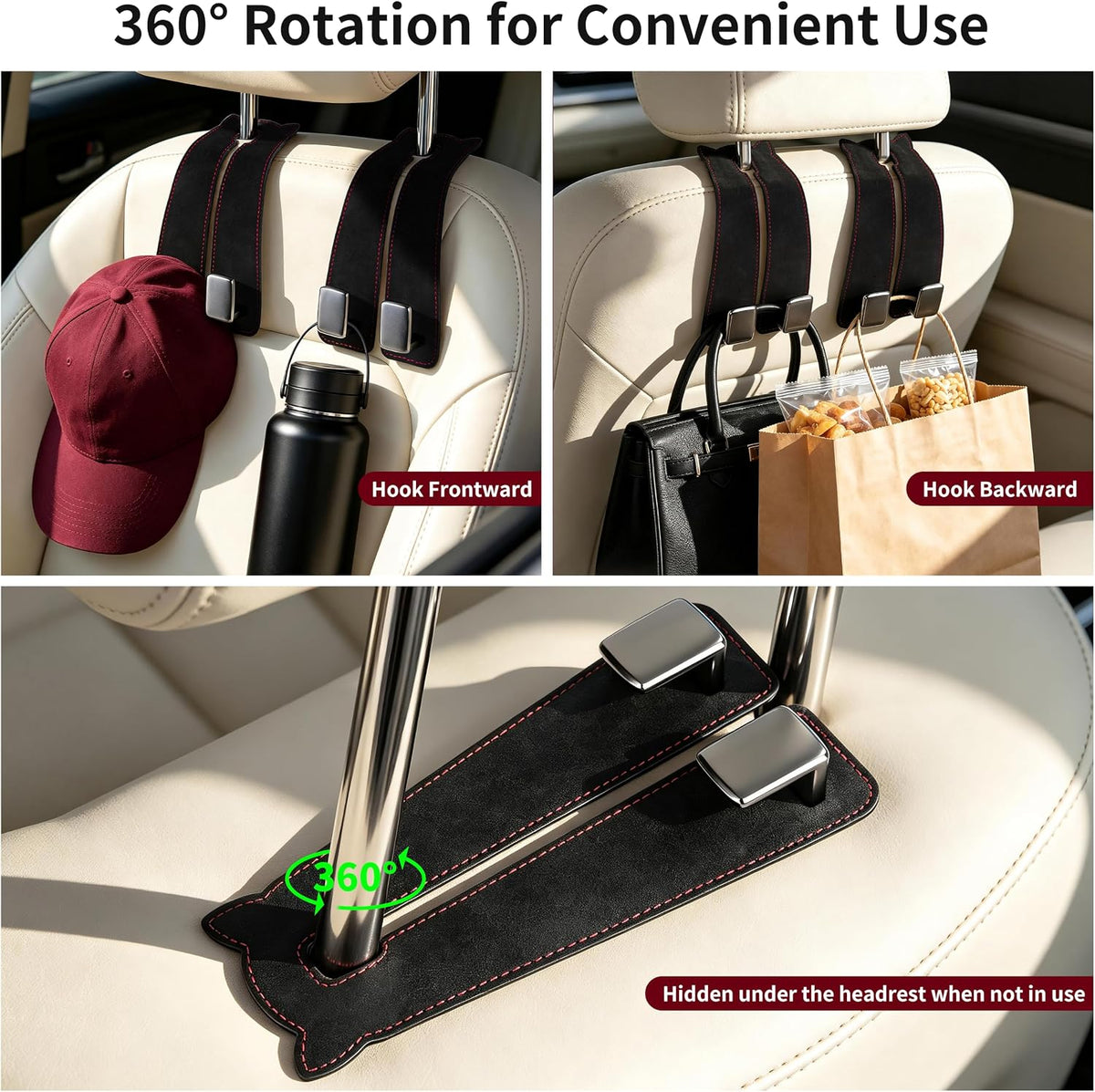 Amooca Car Headrest Hooks 4-Pack Suede Seat Organizer with Metal Core