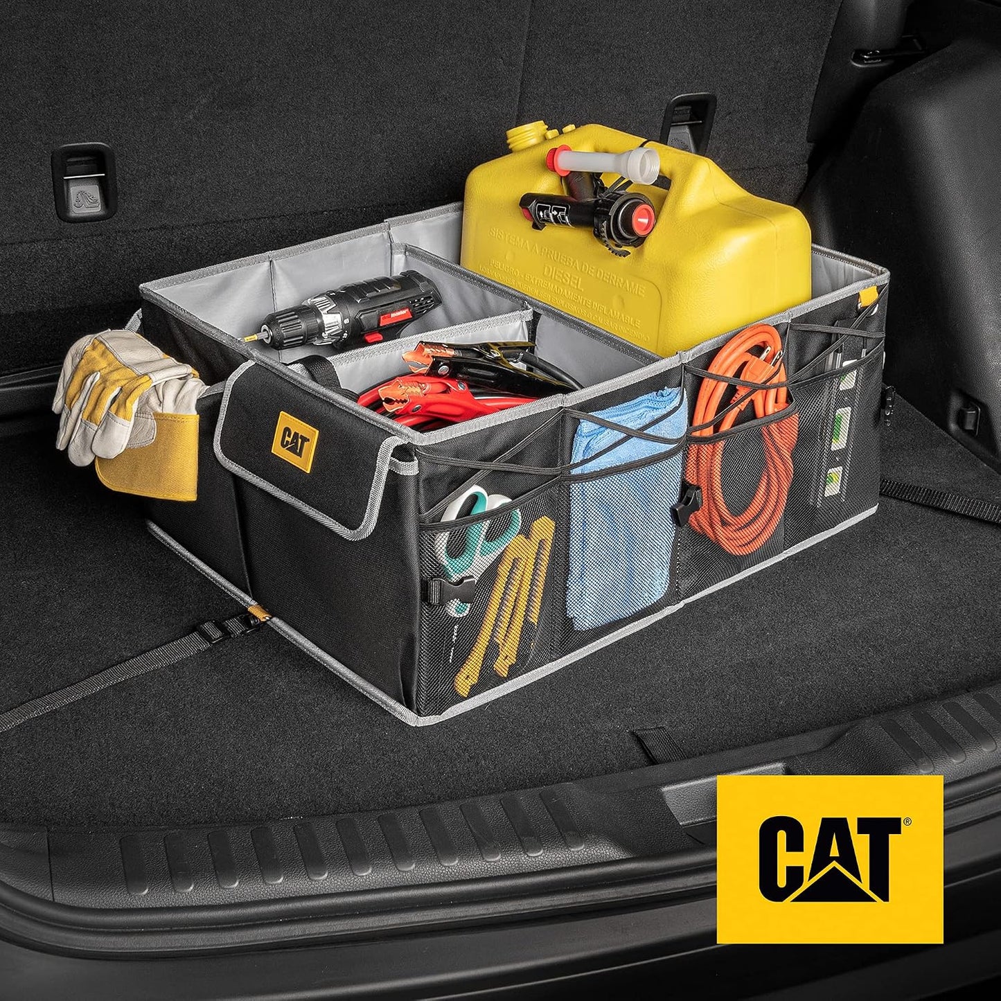 CAT® FlexTrunk Car Trunk Organizer and Storage - Collapsible Multi-Compartment Automotive Adjustable Multiple Pocket Expandable Sturdy Multipurpose Folding Cargo Store for Auto Backseat