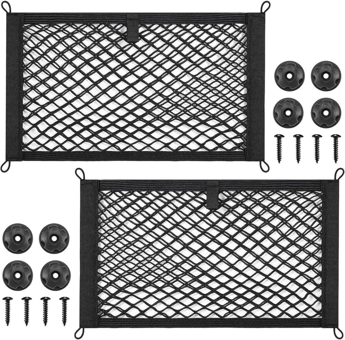 TOBWOLF 2PCS 25x45cm/9.8x17.7in Cargo Storage Net with Mounting Screws, Elastic Storage Mesh Pocket Netting, Built-in Hooks Automotive Cargo Netting Storage Pouch for Trunk, RV, Boats, Campers