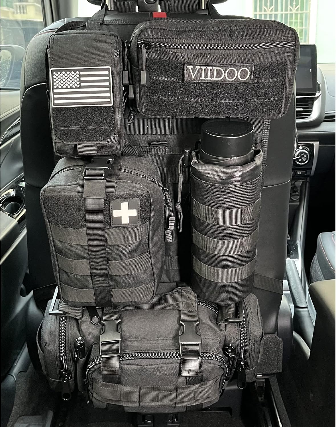 Upgrade Tactical Molle Seat Back Organizer with 5 Detachable Pouches, Universal Car Seat Back Bag Vehicle Organizers Panel Protector for Car Truck Jeep Vehicle (Black)