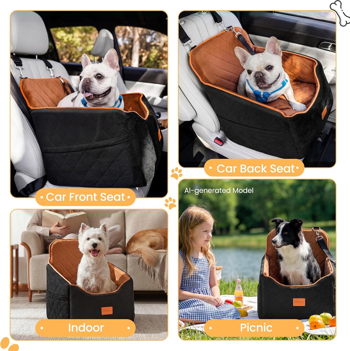 HiPetpy Dog Car Seat 6" Elevated Memory Foam Booster Seat for Small Medium Dogs Under 35 lbs with Pet Blanket, Washable Pet Car Seat with Safety Leash, Anti-Slip Base and Storage Pockets