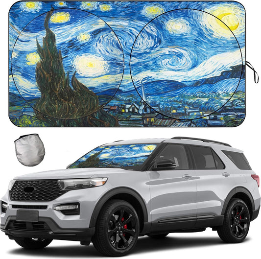 [2026 Upgrade] TDCQQGQQ Van Gogh Starry Sky Windshield Sun Shades, Car Sun Shade for Front Window for Car SUV Truck, Protect The Vehicle from High Temperature Damage and Uv Reflection,63 L x 33.5" W
