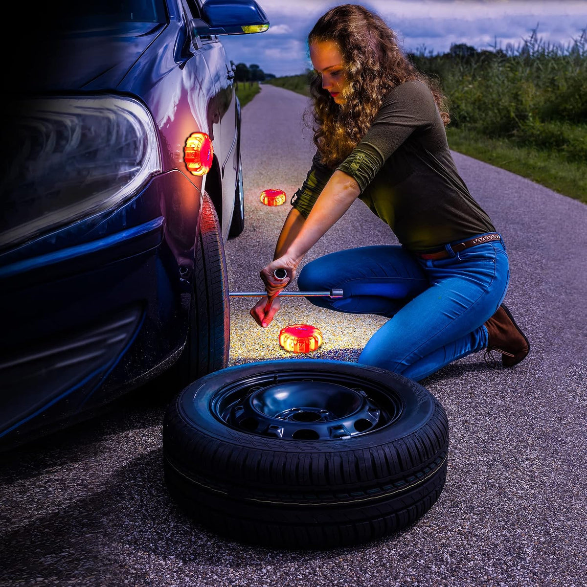 STP Emergency Auto LED Road Flare Discs, 8 Flash Modes/2 Mounting Options, 1 Mile Signal Viability, Includes Carrying Bag, Battery-Powered: Requires 3 AAAS, 3-Pack