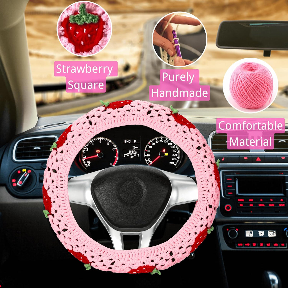 Crochet Steering Wheel Cover, Cute Pink Strawberry Boho Car Accessories