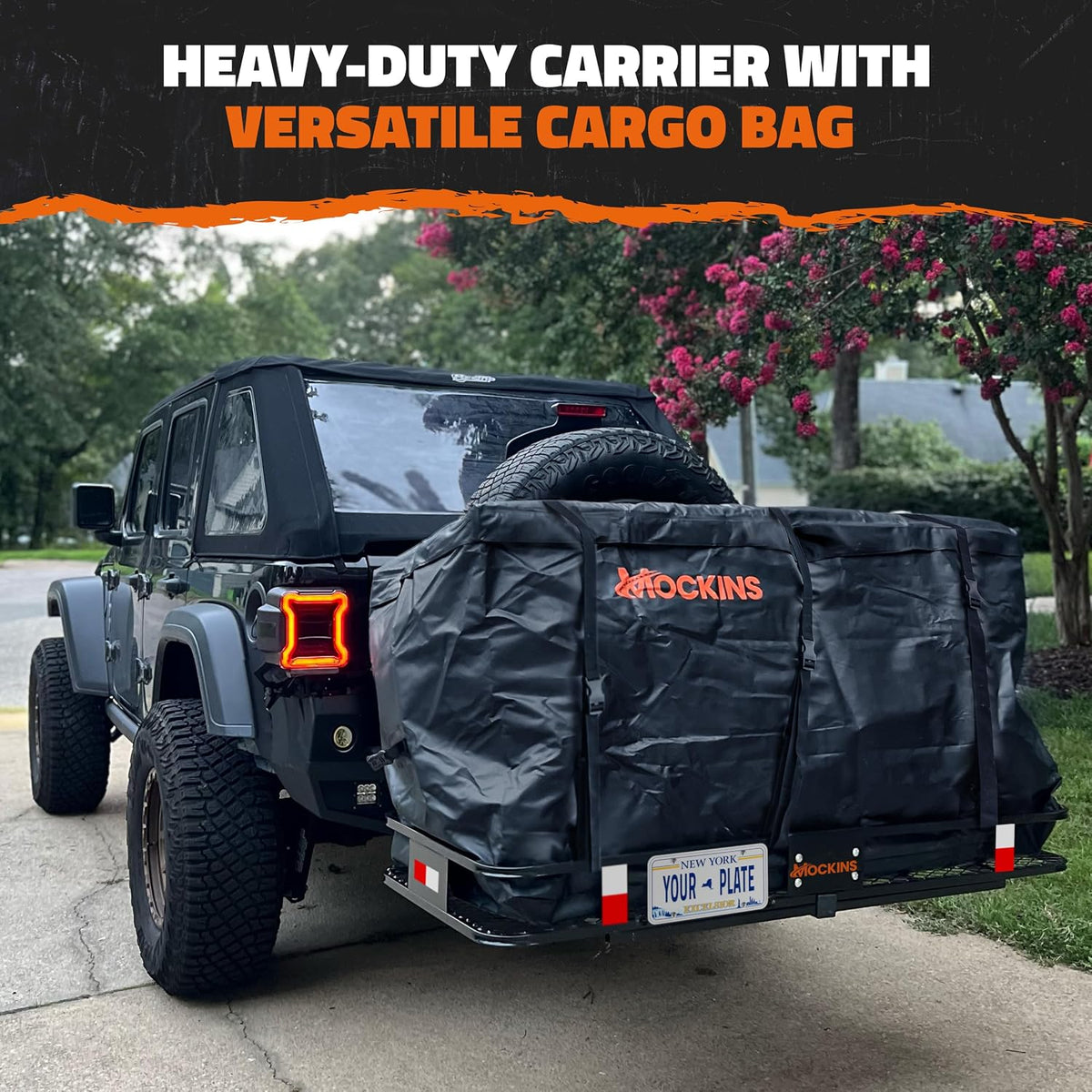 Mockins 60"x24"x6" Heavy Duty Trailer Hitch Cargo Carrier w/ 500 Lbs. Cap | with 25 CuFt Waterproof Cargo Bag for Hitch Carrier | Folding Luggage Rack for SUV Car Truck w/ Plate Bracket & Accessories