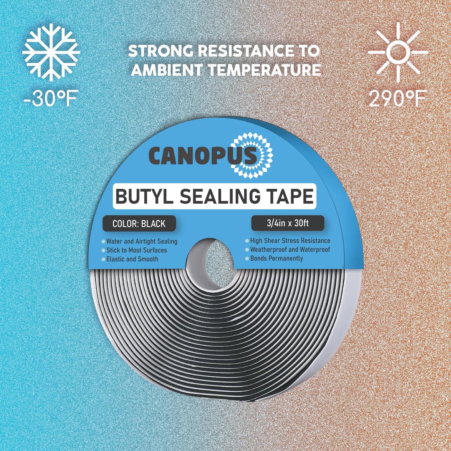 CANOPUS Butyl Seal Tape, Black, 1/8-in x 3/4-in x 30-ft, Heavy Duty, Waterproof Sealant Putty Tape, Rubber Tape to Seal RV, Boat, Home Pipes and Car Windows Leaks
