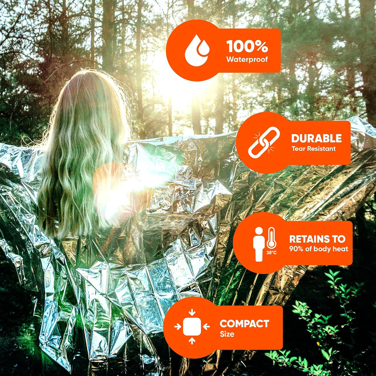Survival Blankets - Waterproof & Windproof Emergency Cover, Reflective Exterior - Helps Retain Body Heat - 12 Microns, Compact & Lightweight - 5-Pack, 4 Silver, 1 Gold - 52x82”, 2oz