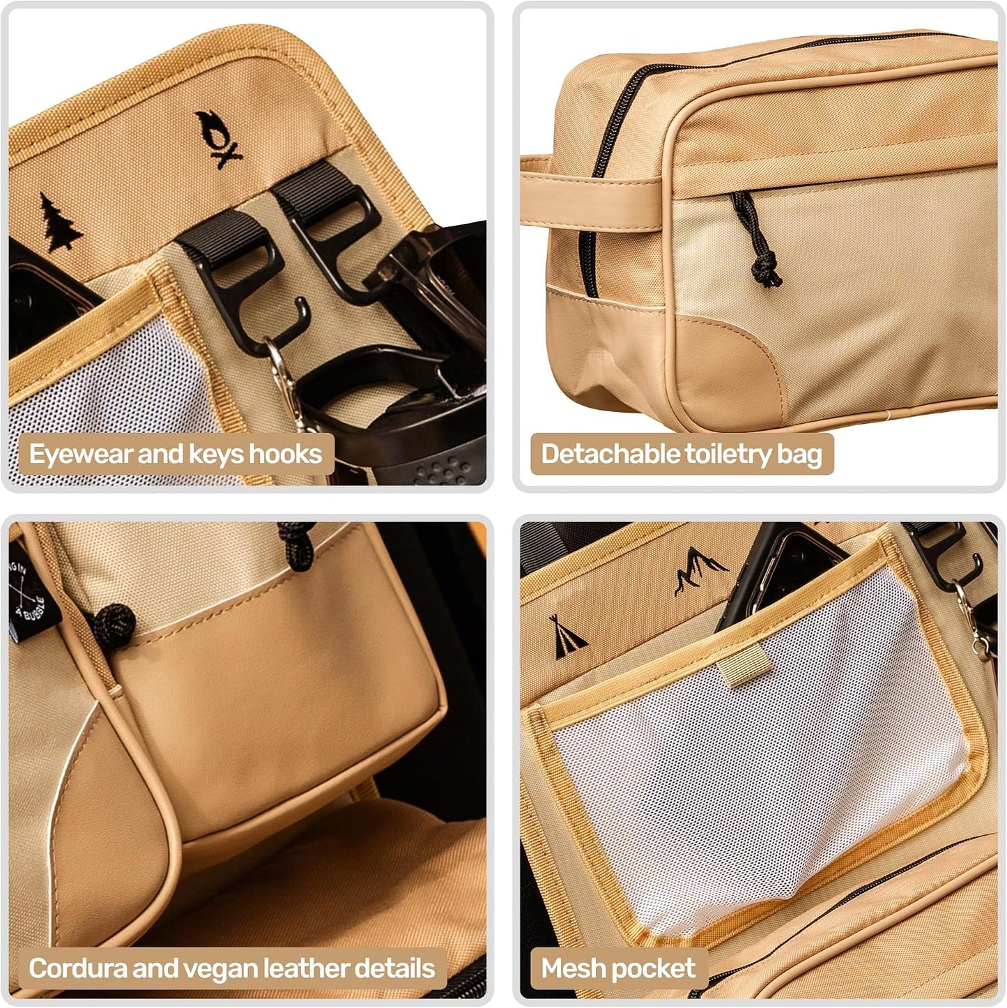 Living in a Bubble Seat back Organizer – Magnetic Toiletry and Cooler Pouch, Cordura Car Backseat Storage with Device Holder & Hooks, Multi-Compartment Utility Bag for Campervans & Family Travel