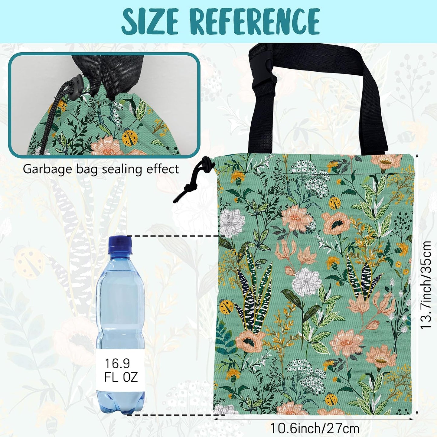 Car Garbage Bag Blooming Floral and Leaves Drawstring Car Trash Bag Hanging for Back Seat with Adjustable Buckle Canvas Vehicle Trash Can Easy-to-Install