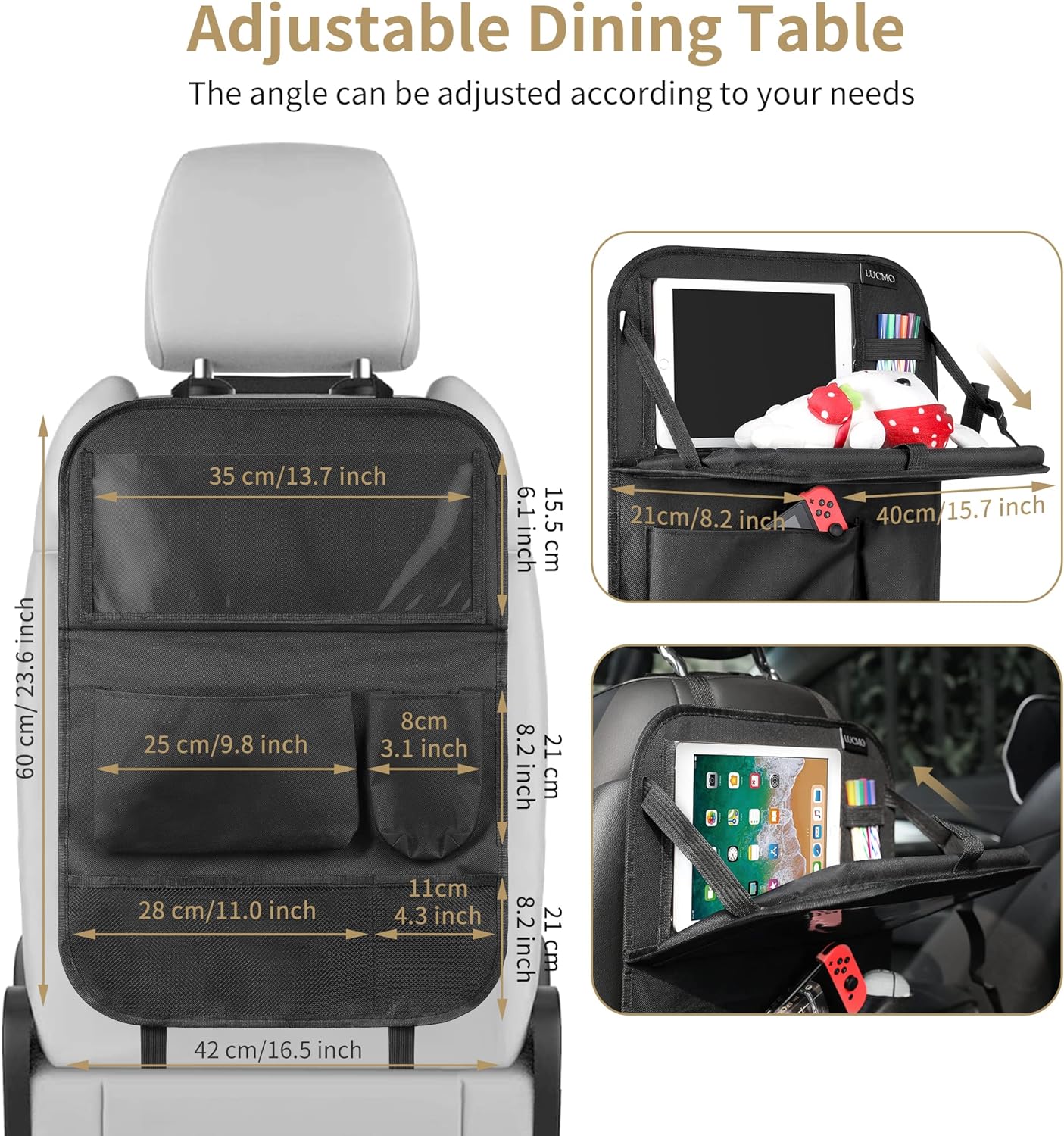 LUCMO Car Backseat Organizer with Foldable Tablet Holder, Black | 6 Storage Pockets,Foldable Food Tray,Protectors Kick Mats,Travel Accessories,Seat Cover,Road Trip Essentials
