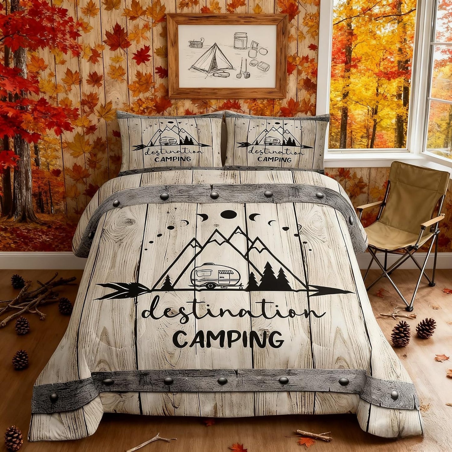 Happy Camping Car Comforter Set Twin Size,RV Camper Trailer Decor Bedding Set 2pcs for Kids Boys Girls Adults,Vintage Wooden Plank Cabin Down Comforter,Rustic Farmhouse Duvet Insert,1 Pillowcase