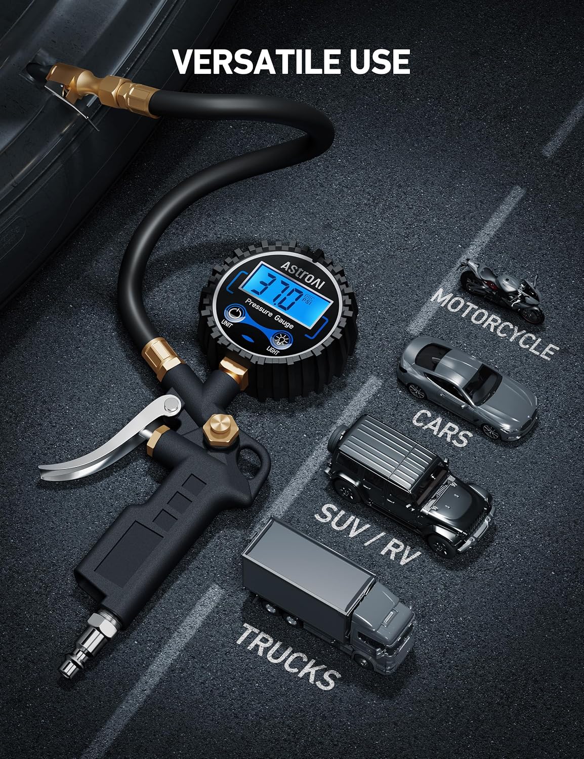 AstroAI Digital Tire Pressure Gauge with Inflator, 3-250 PSI Air Chuck & Compressor Accessories Heavy Duty with Quick Connect Coupler, 0.1 Display Resolution, 1pack