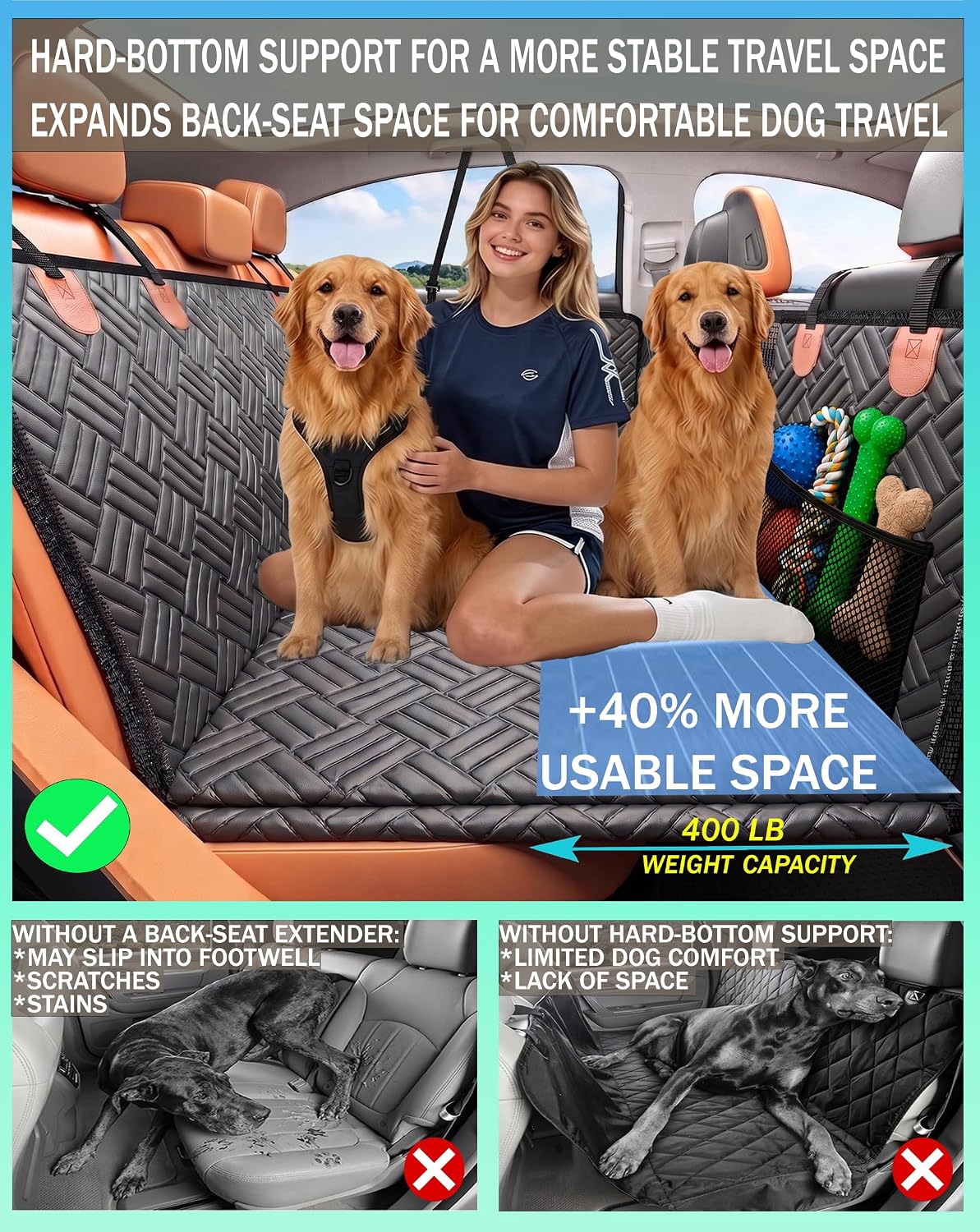 Back Seat Extender for Dogs, Hard Bottom Dog Car Seat Cover