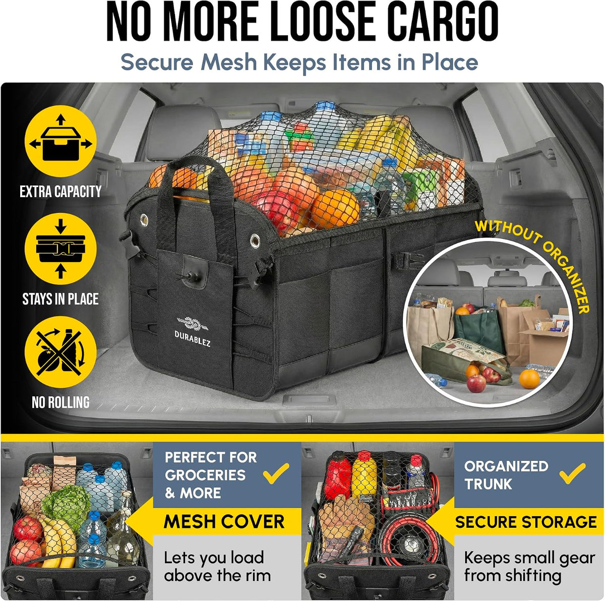 Car Trunk Organizer for SUV, Truck, Sedan, Minivan, and Van, Black