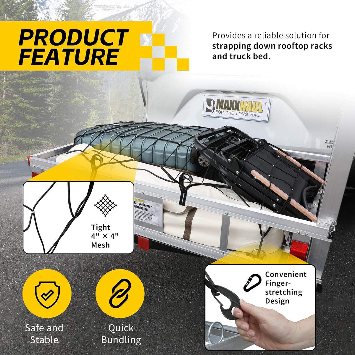 MaxxHaul Heavy-Duty Cargo Net – 44" x 16" Stretches to 88" x 32" – Tight 4" Mesh with 8 PP Hooks – Truck & SUV Bed Net, Trailer & Roof Rack Cargo Accessory